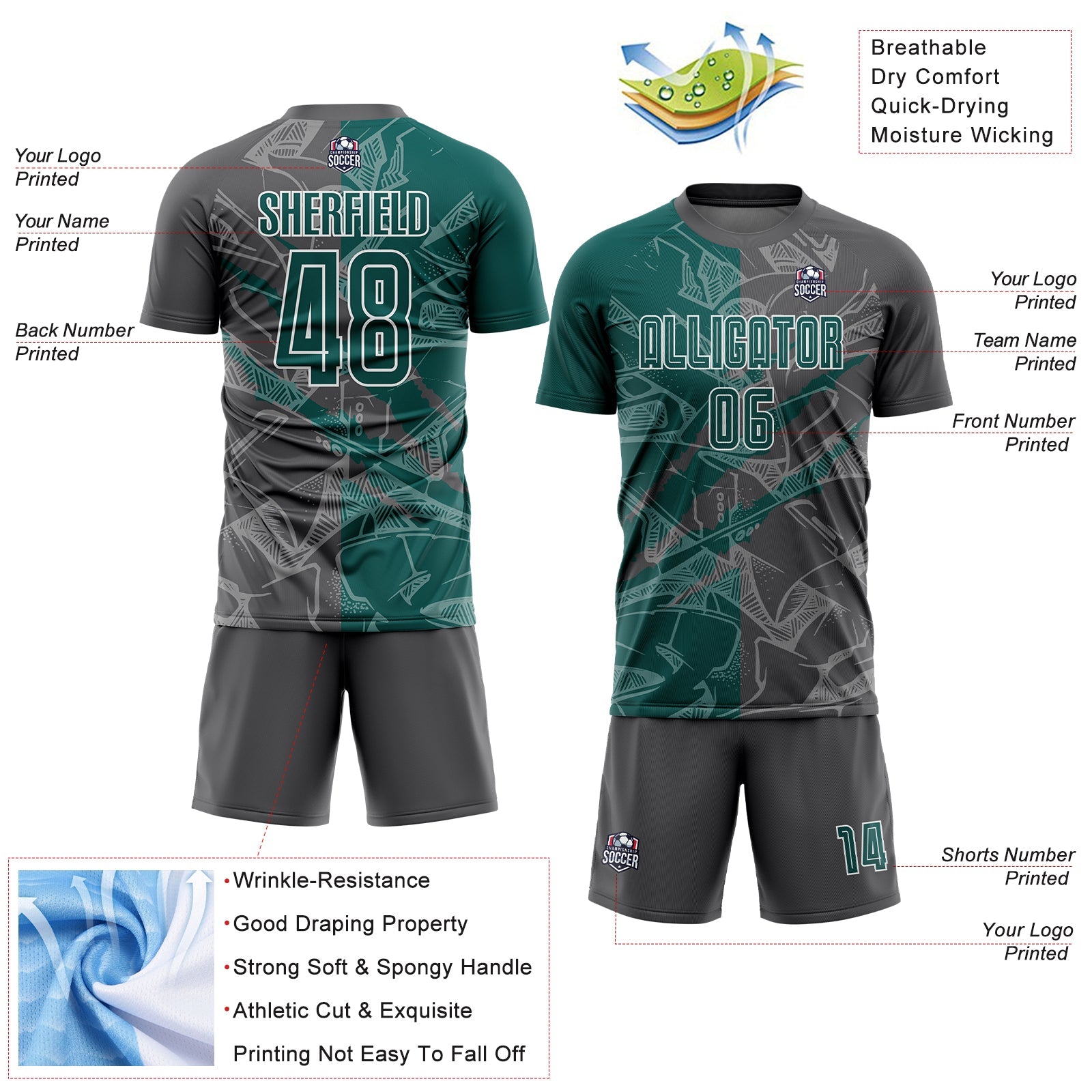 Custom Graffiti Pattern Midnight Green-Steel Gray Scratch Sublimation Soccer Uniform Jersey view 4