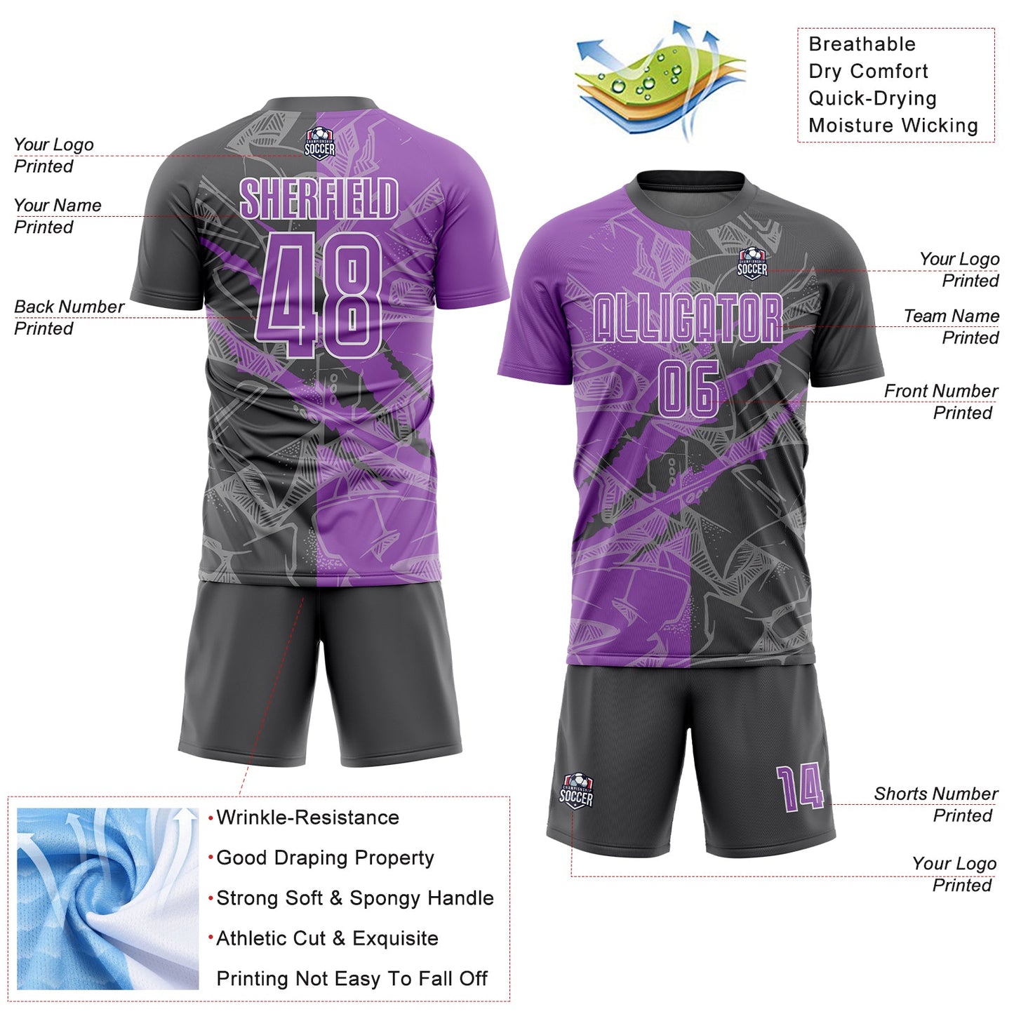 Custom Graffiti Pattern Medium Purple-Steel Gray Scratch Sublimation Soccer Uniform Jersey view 4