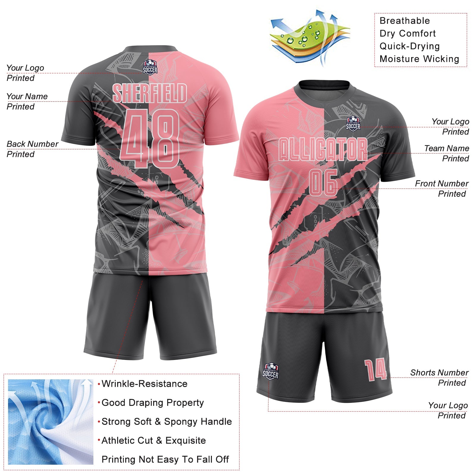 Custom Graffiti Pattern Medium Pink-Steel Gray Scratch Sublimation Soccer Uniform Jersey view 4