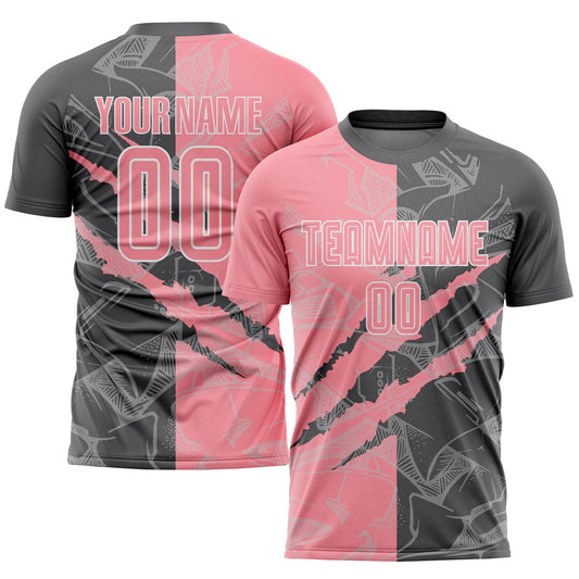 Custom Graffiti Pattern Medium Pink-Steel Gray Scratch Sublimation Soccer Uniform Jersey - Main View