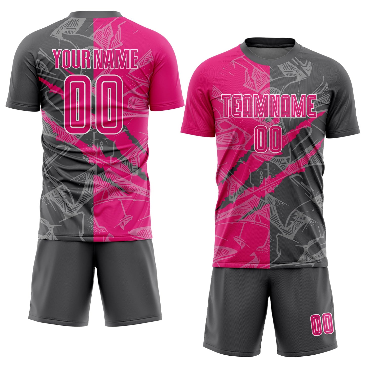 Custom Graffiti Pattern Hot Pink-Steel Gray Scratch Sublimation Soccer Uniform Jersey view 2