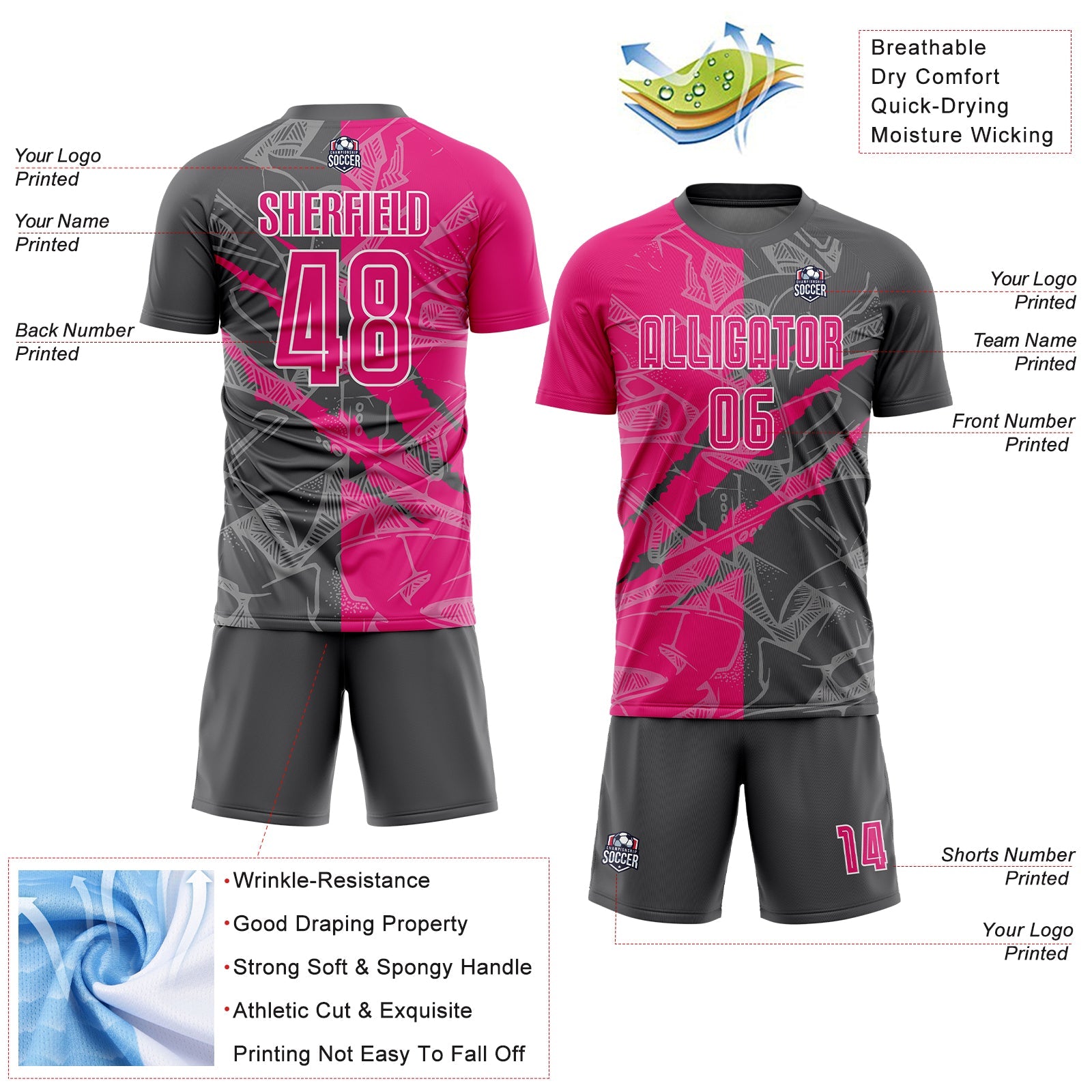 Custom Graffiti Pattern Hot Pink-Steel Gray Scratch Sublimation Soccer Uniform Jersey view 4