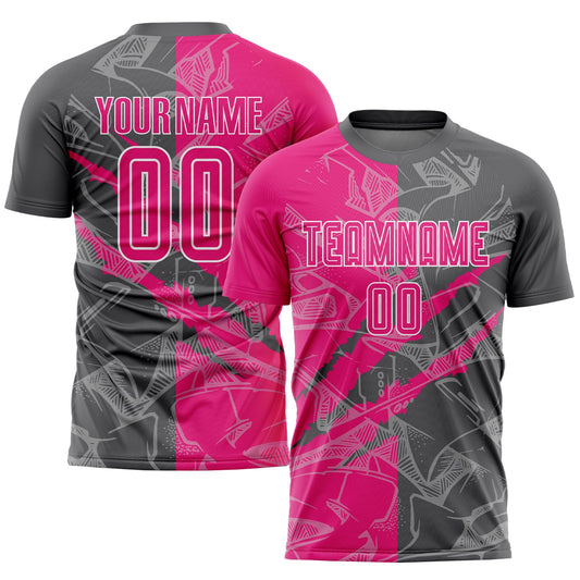 Custom Graffiti Pattern Hot Pink-Steel Gray Scratch Sublimation Soccer Uniform Jersey - Main View