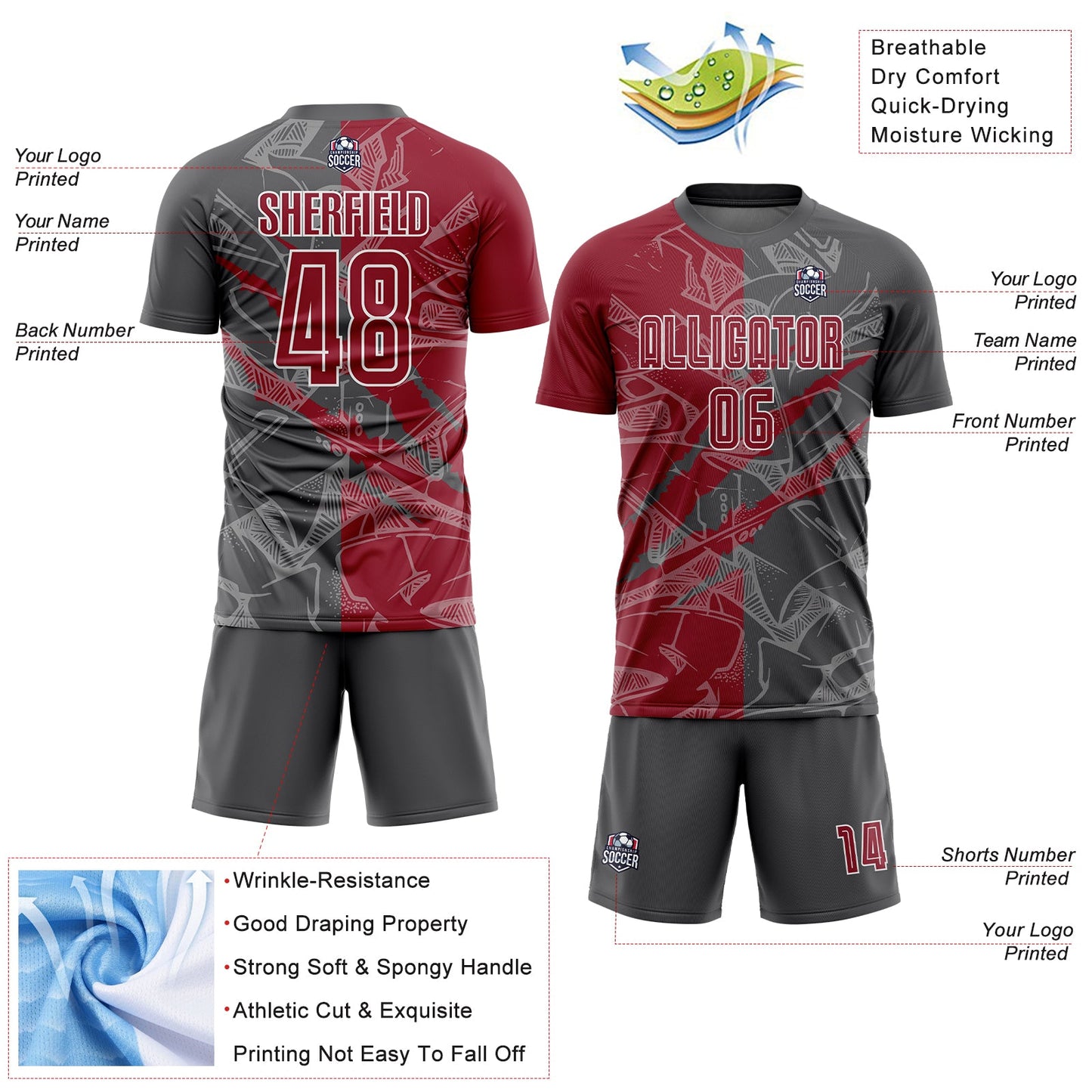 Custom Graffiti Pattern Cardinal-Steel Gray Scratch Sublimation Soccer Uniform Jersey view 4