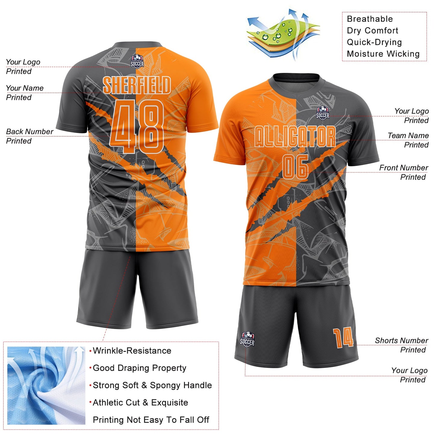 Custom Graffiti Pattern Bay Orange-Steel Gray Scratch Sublimation Soccer Uniform Jersey view 4