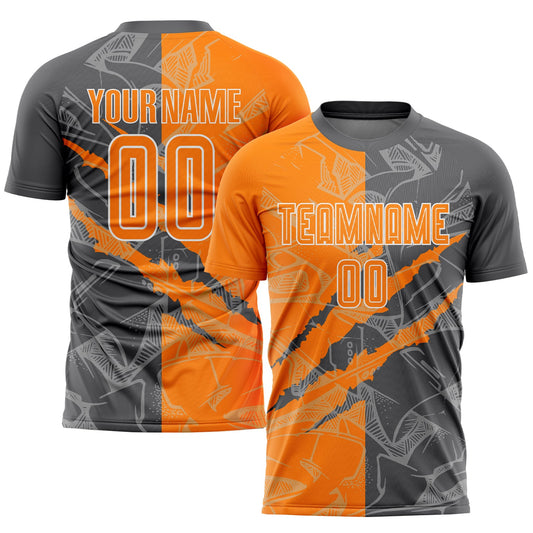 Custom Graffiti Pattern Bay Orange-Steel Gray Scratch Sublimation Soccer Uniform Jersey - Main View