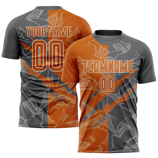 Custom Graffiti Pattern Texas Orange-Steel Gray Scratch Sublimation Soccer Uniform Jersey - Main View
