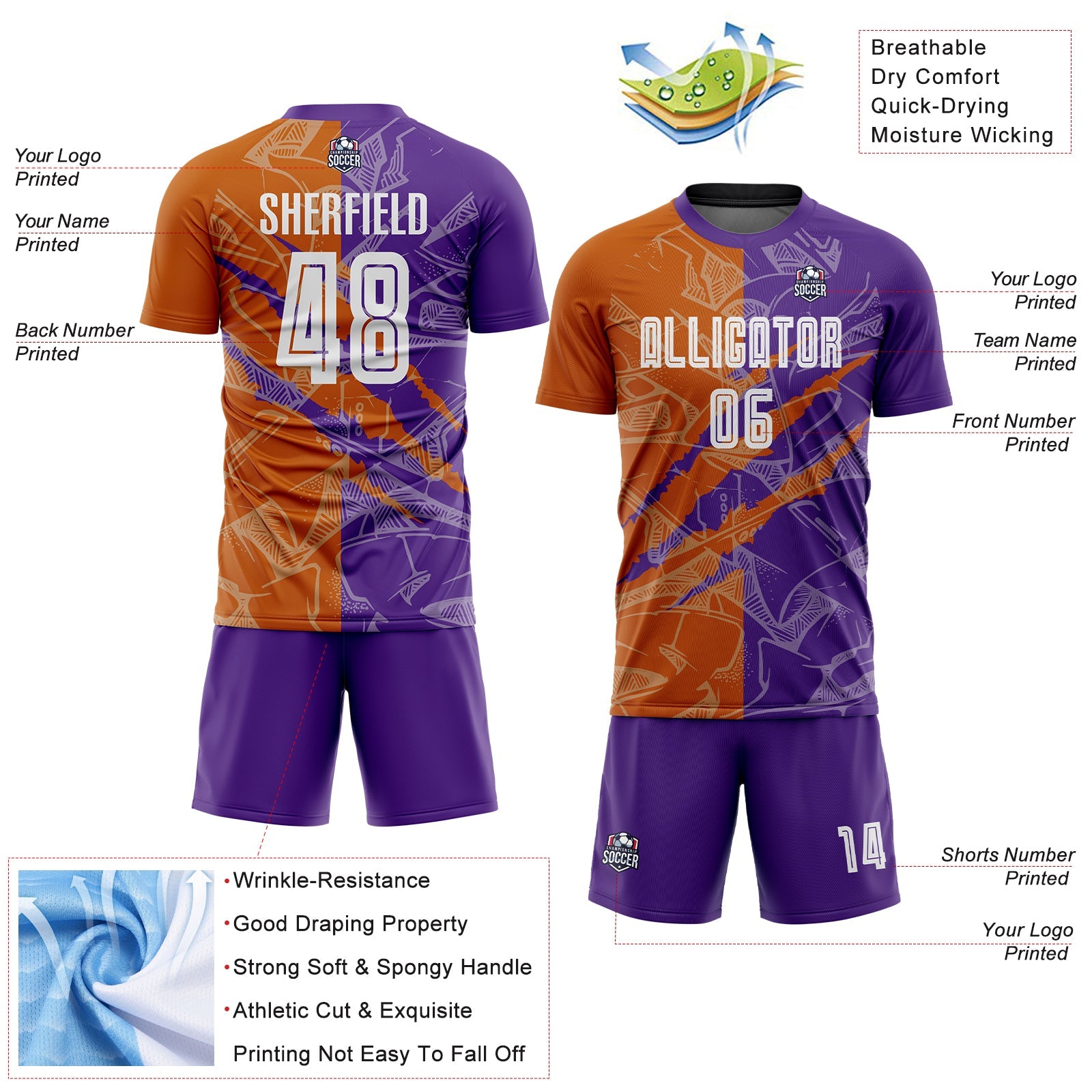 Custom Graffiti Pattern Texas Orange-Purple Scratch Sublimation Soccer Uniform Jersey view 4