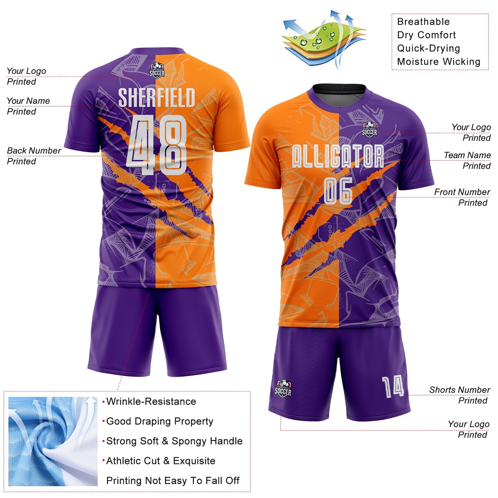Custom Graffiti Pattern Bay Orange-Purple Scratch Sublimation Soccer Uniform Jersey view 4