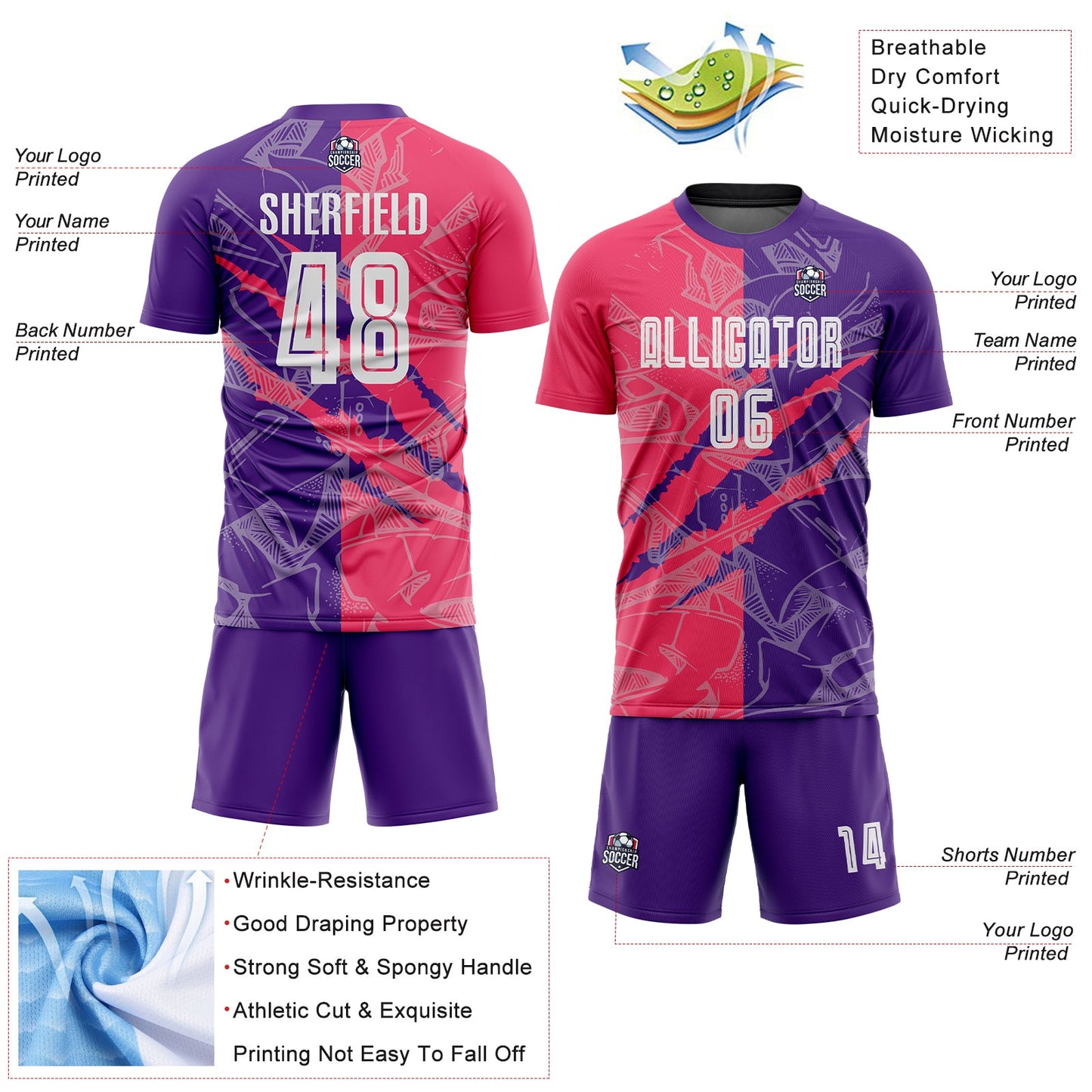 Custom Graffiti Pattern Neon Pink-Purple Scratch Sublimation Soccer Uniform Jersey view 4