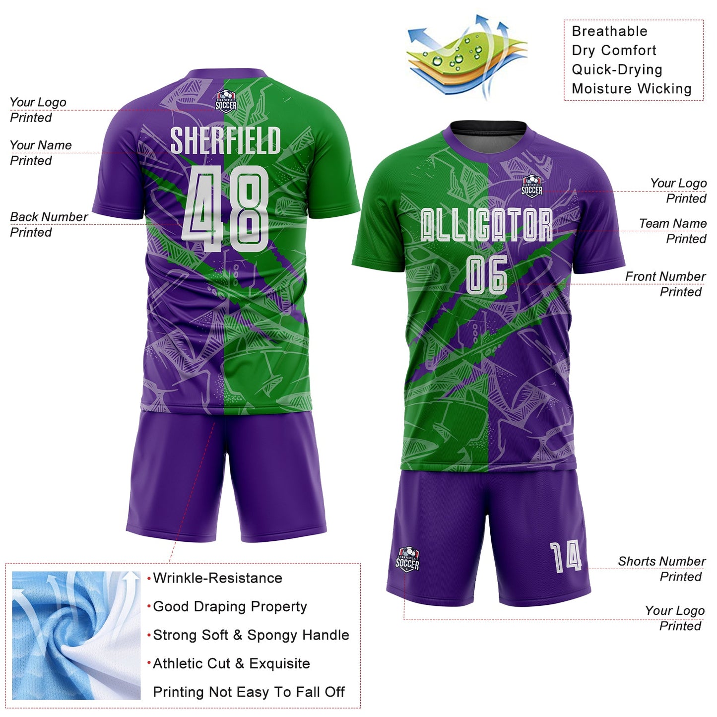 Custom Graffiti Pattern Grass Green-Purple Scratch Sublimation Soccer Uniform Jersey view 4