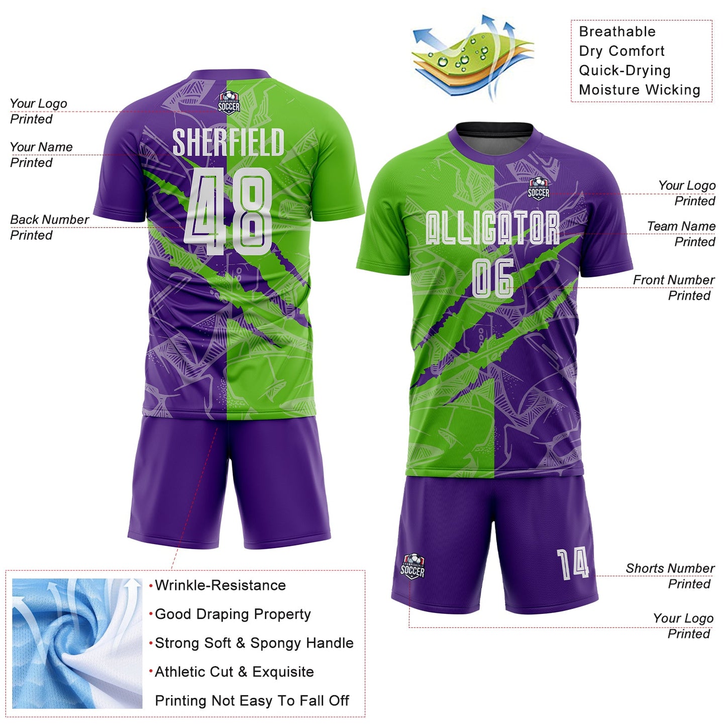 Custom Graffiti Pattern Aurora Green-Purple Scratch Sublimation Soccer Uniform Jersey view 4