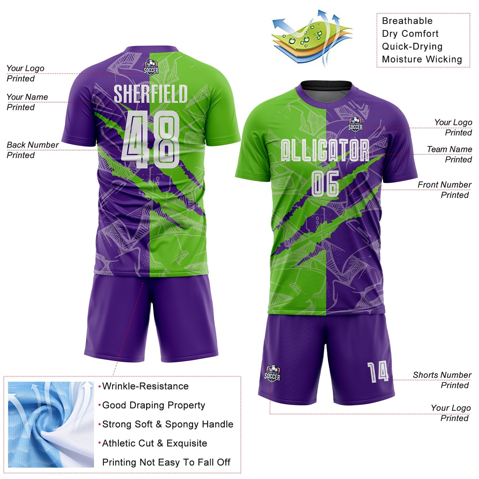 Custom Graffiti Pattern Aurora Green-Purple Scratch Sublimation Soccer Uniform Jersey view 4