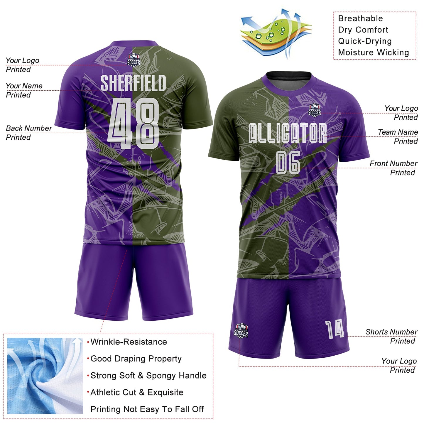 Custom Graffiti Pattern Olive-Purple Scratch Sublimation Soccer Uniform Jersey view 4