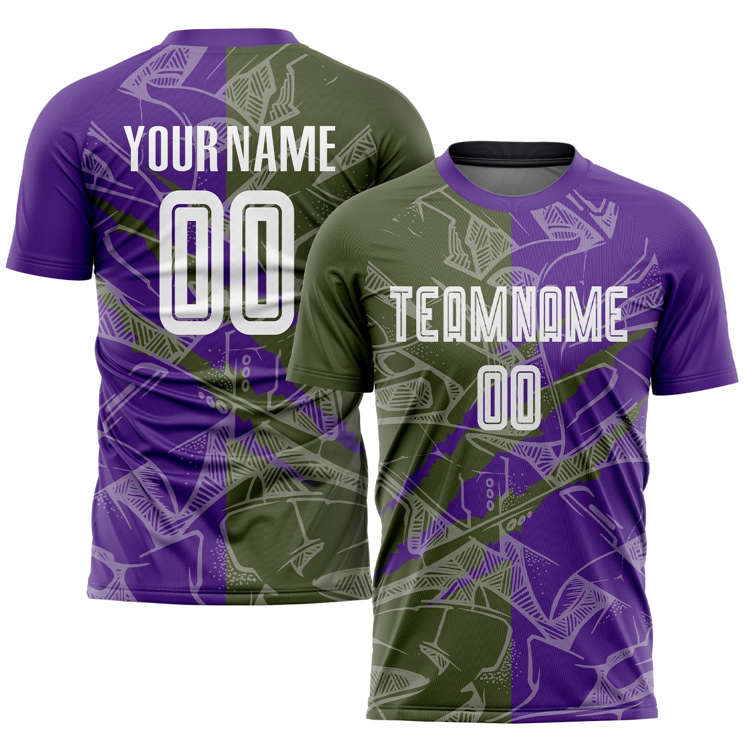 Custom Graffiti Pattern Olive-Purple Scratch Sublimation Soccer Uniform Jersey - Main View