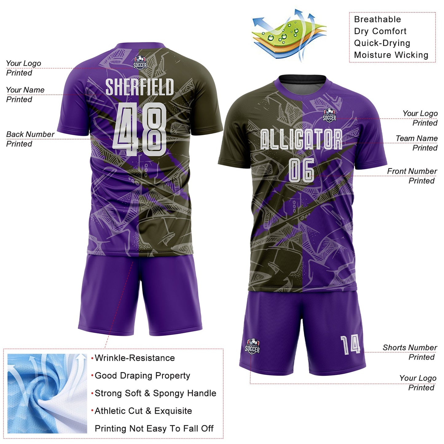 Custom Graffiti Pattern Olive-Purple Scratch Sublimation Soccer Uniform Jersey view 4