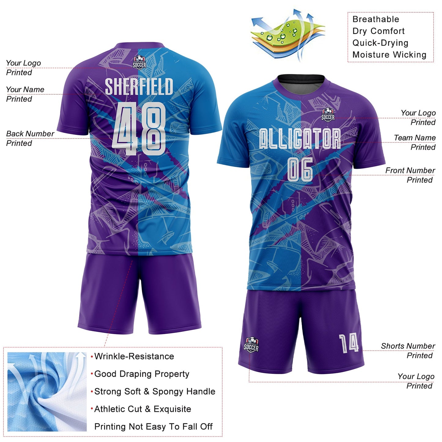 Custom Graffiti Pattern Blue-Purple Scratch Sublimation Soccer Uniform Jersey view 4