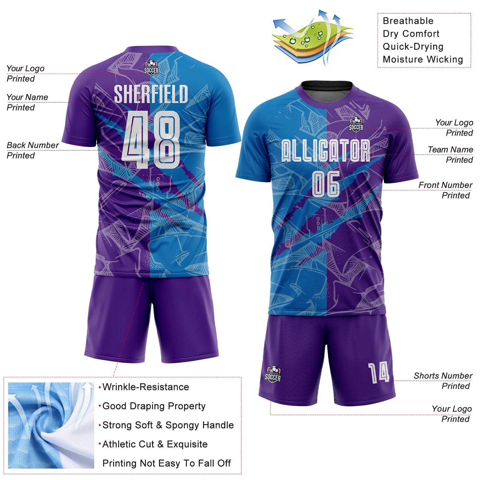Custom Graffiti Pattern Blue-Purple Scratch Sublimation Soccer Uniform Jersey view 4