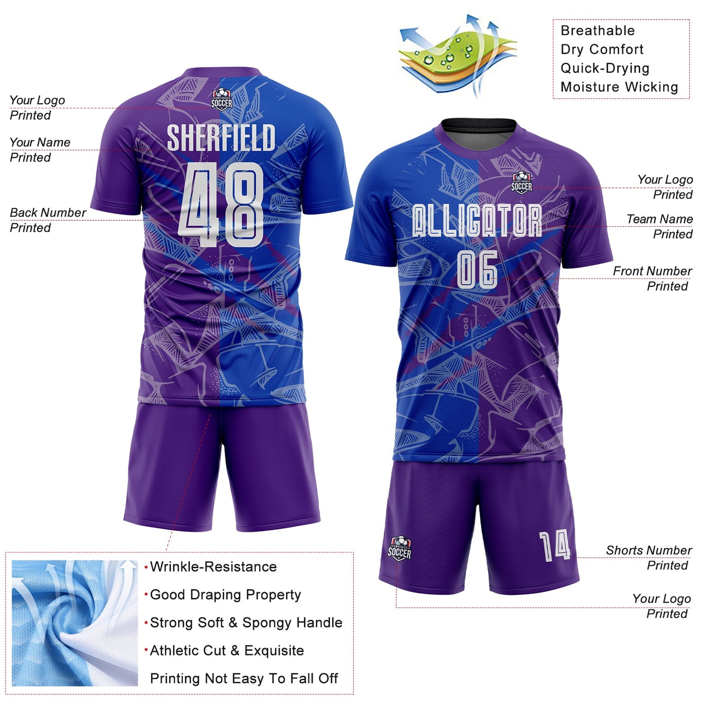 Custom Graffiti Pattern Thunder Blue-Purple Scratch Sublimation Soccer Uniform Jersey view 4