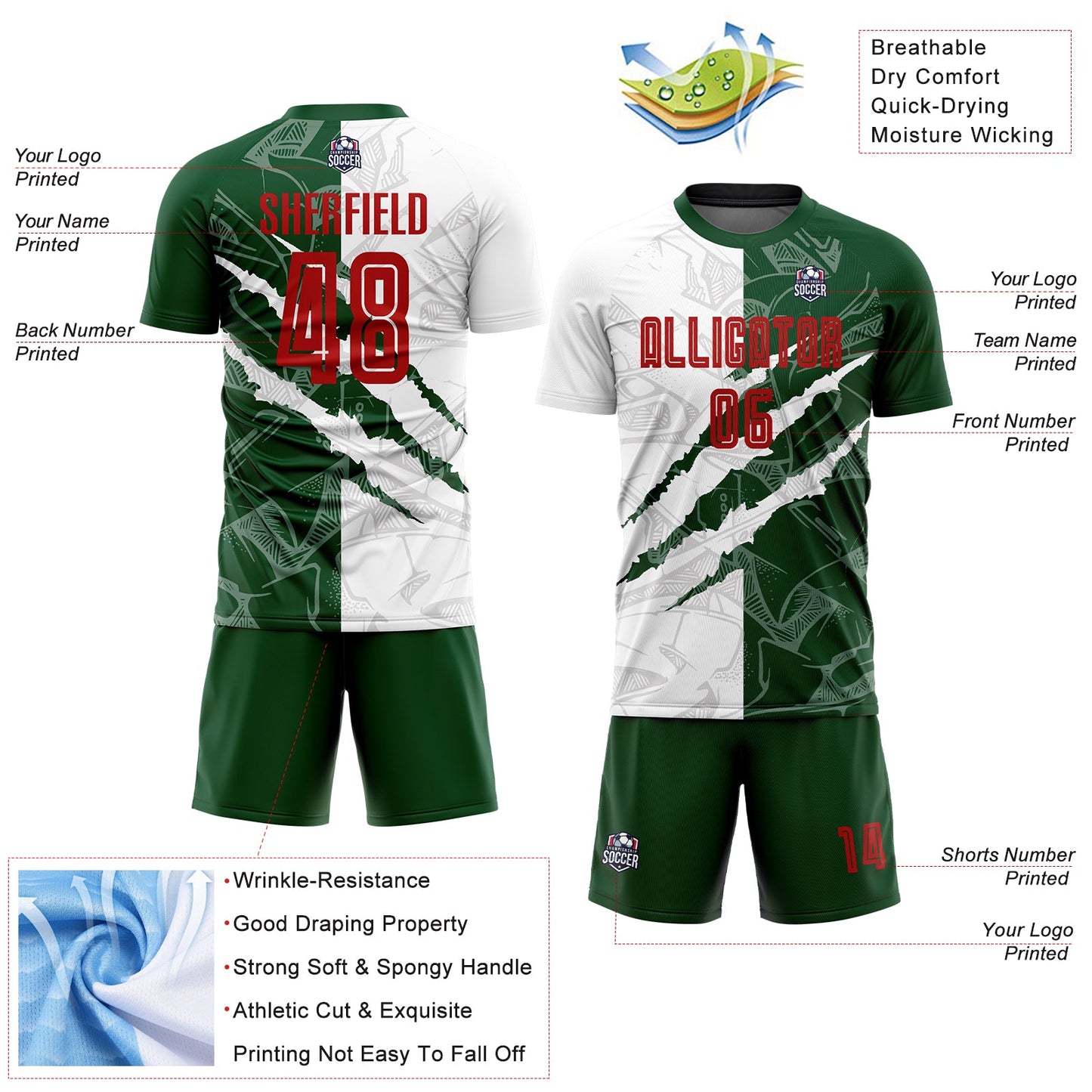 Custom Graffiti Pattern Red-Green Scratch Sublimation Soccer Uniform Jersey view 4