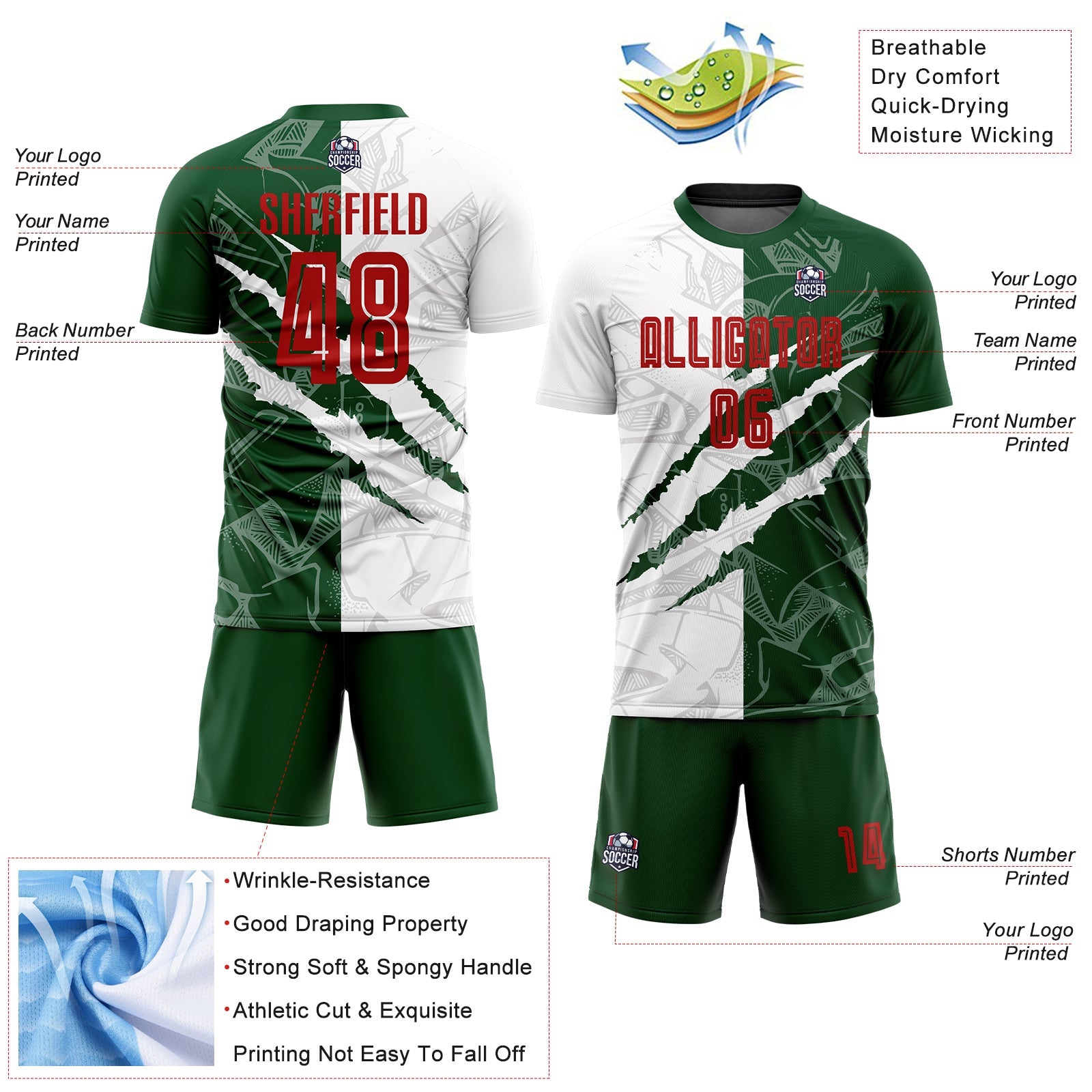 Custom Graffiti Pattern Red-Green Scratch Sublimation Soccer Uniform Jersey view 4