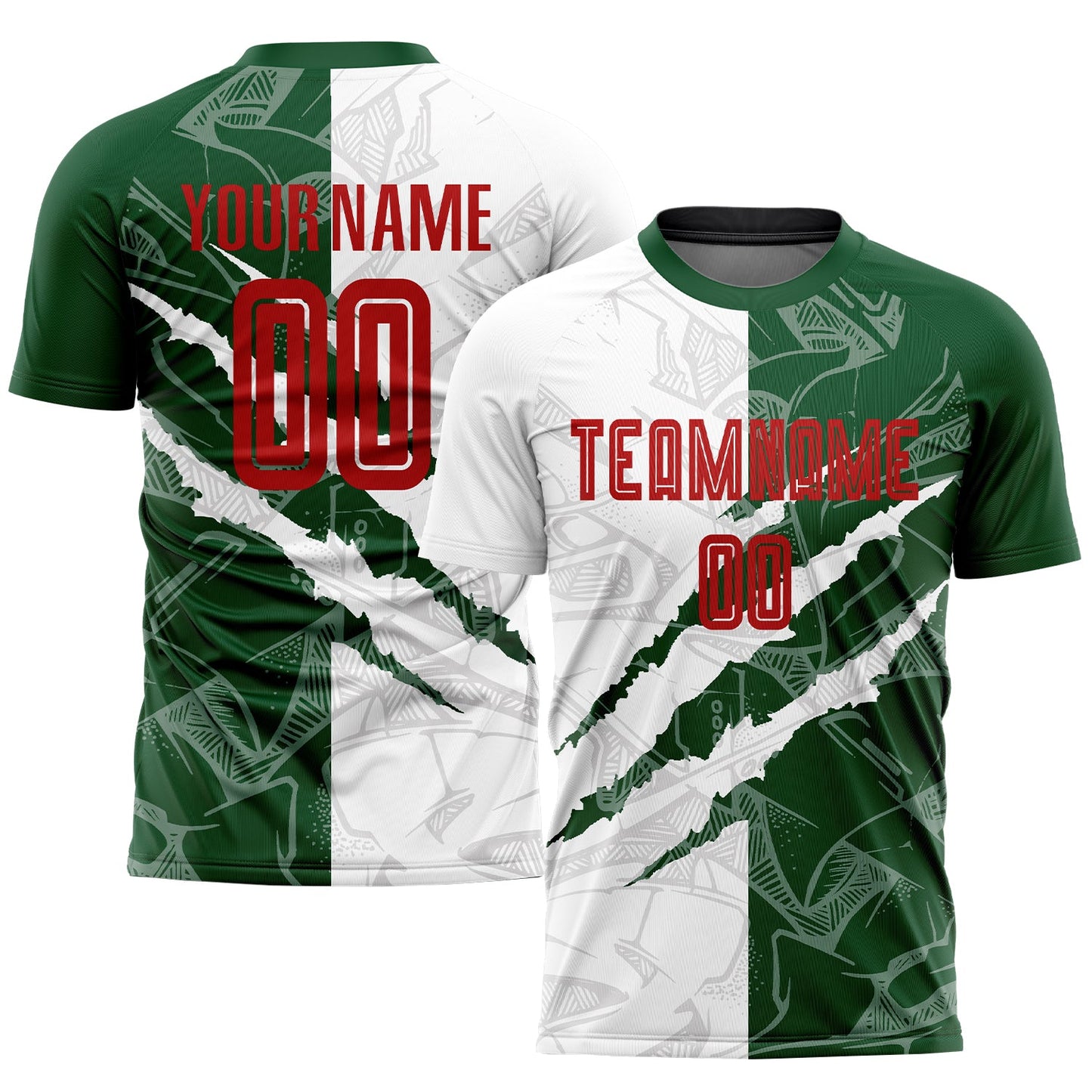 Custom Graffiti Pattern Red-Green Scratch Sublimation Soccer Uniform Jersey - Main View