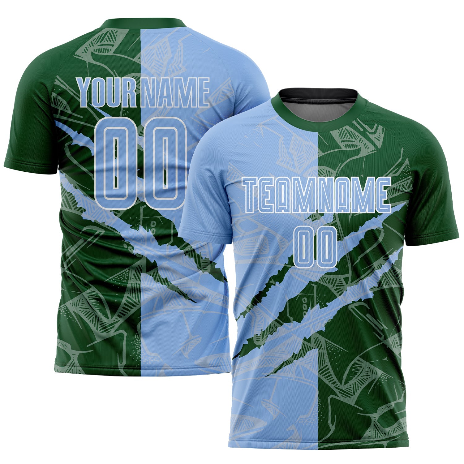 Custom Graffiti Pattern Light Blue-Green Scratch Sublimation Soccer Uniform Jersey - Main View