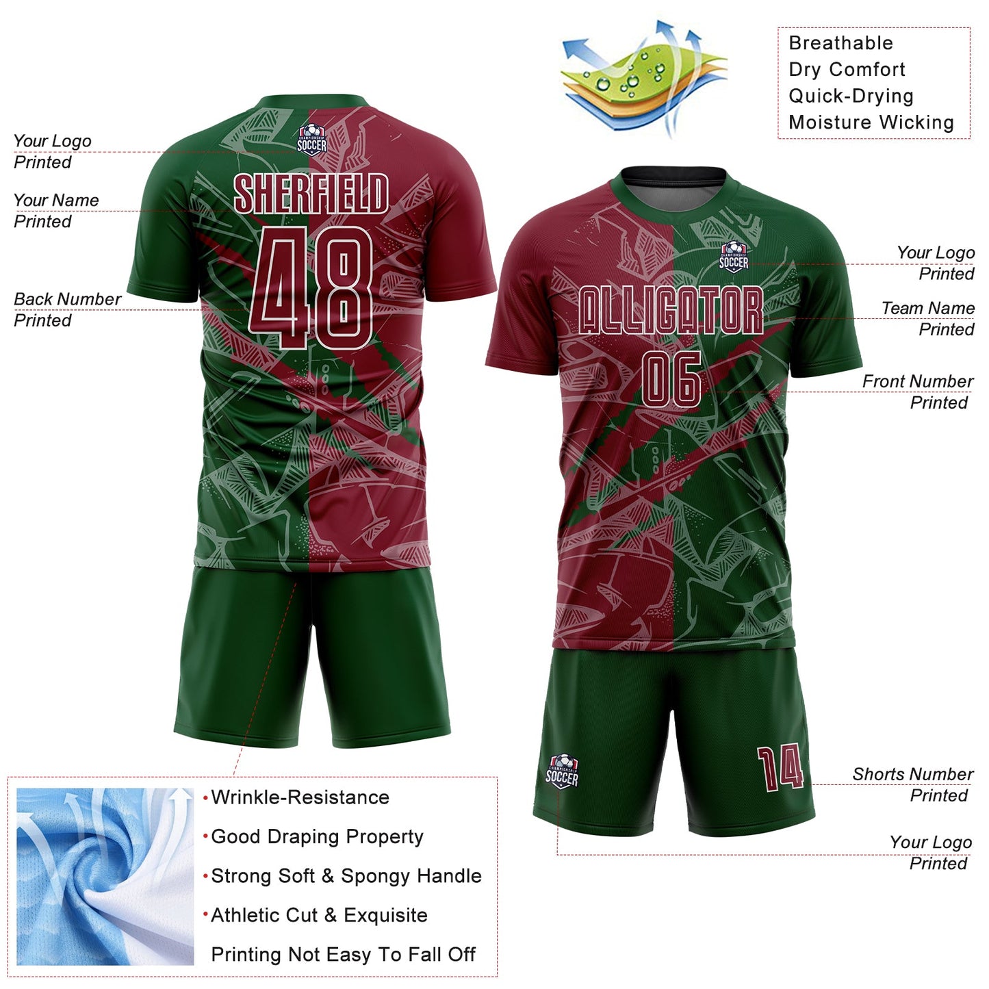 Custom Graffiti Pattern Crimson-Green Scratch Sublimation Soccer Uniform Jersey view 4