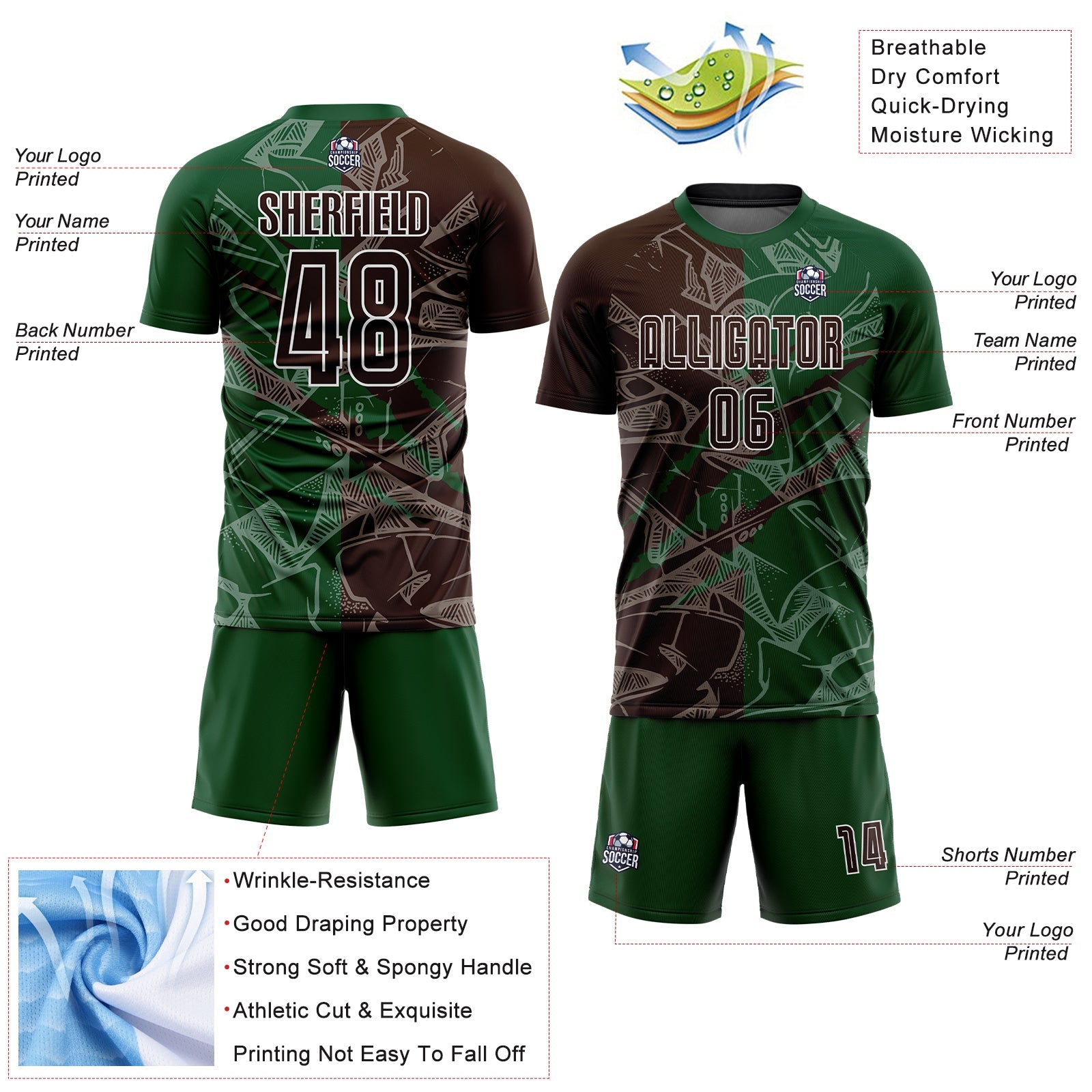 Custom Graffiti Pattern Brown-Green Scratch Sublimation Soccer Uniform Jersey view 4