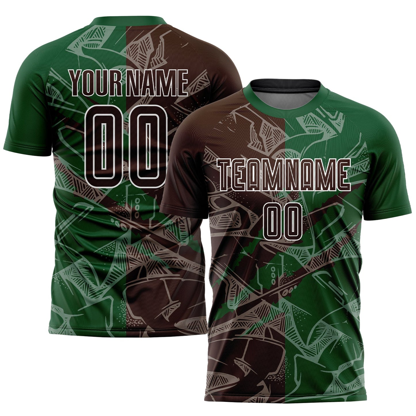 Custom Graffiti Pattern Brown-Green Scratch Sublimation Soccer Uniform Jersey - Main View