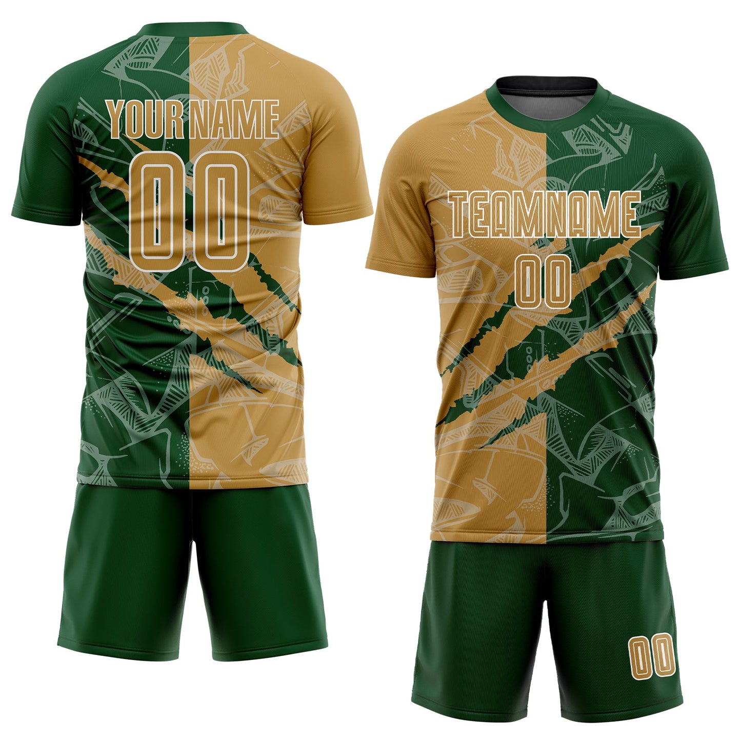 Custom Graffiti Pattern Old Gold-Green Scratch Sublimation Soccer Uniform Jersey view 2