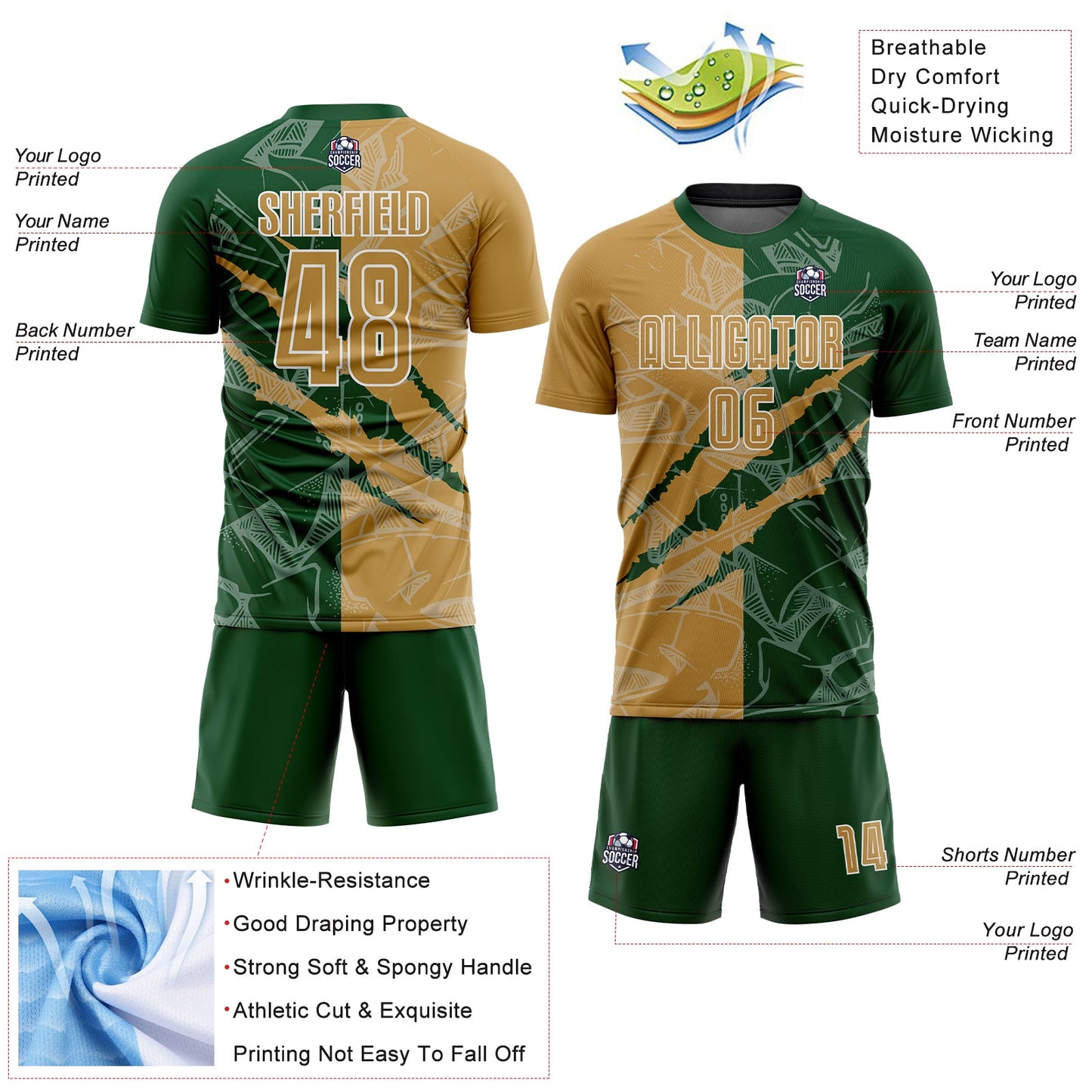 Custom Graffiti Pattern Old Gold-Green Scratch Sublimation Soccer Uniform Jersey view 4