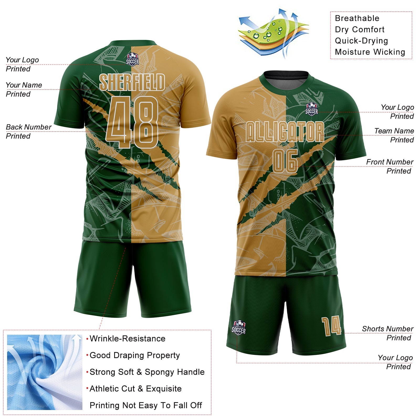 Custom Graffiti Pattern Old Gold-Green Scratch Sublimation Soccer Uniform Jersey view 4