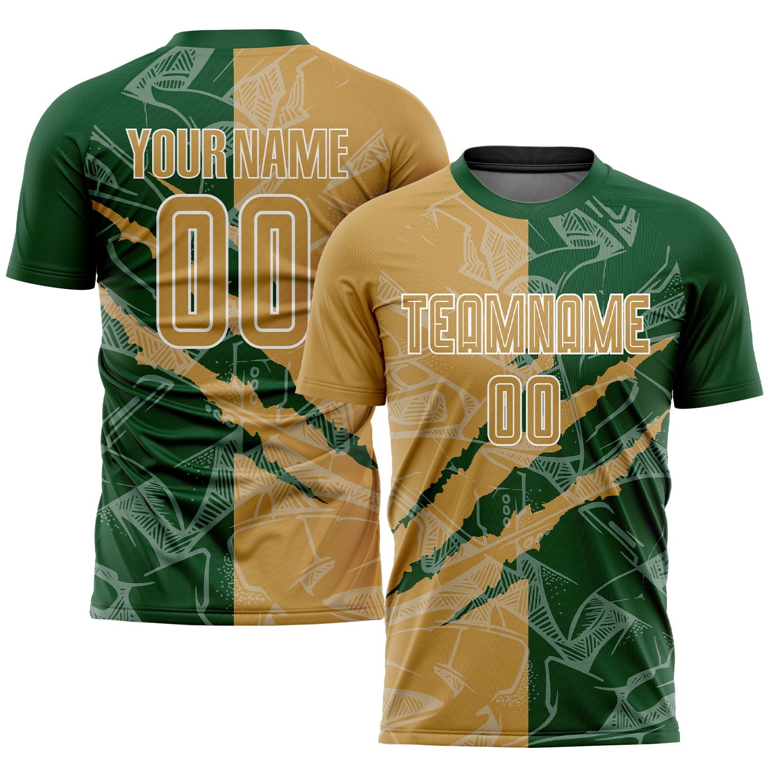 Custom Graffiti Pattern Old Gold-Green Scratch Sublimation Soccer Uniform Jersey - Main View