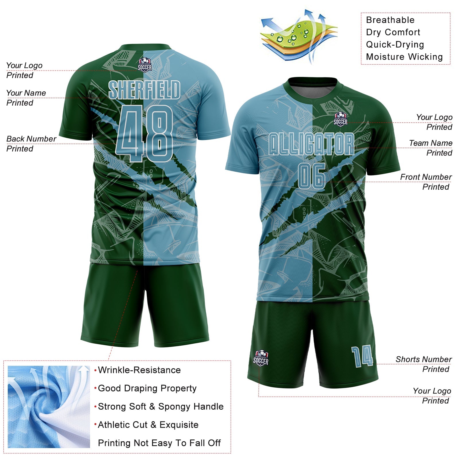 Custom Graffiti Pattern Shadow Blue-Green Scratch Sublimation Soccer Uniform Jersey view 4