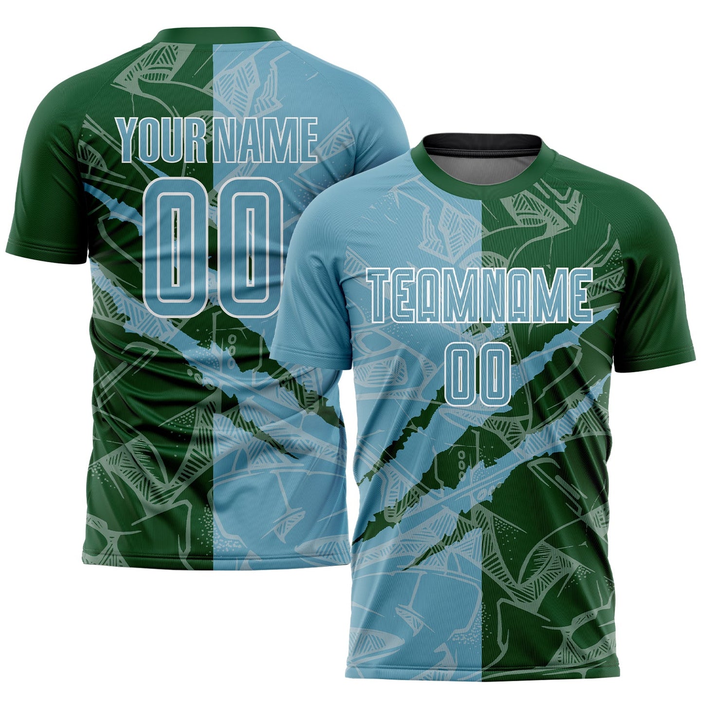 Custom Graffiti Pattern Shadow Blue-Green Scratch Sublimation Soccer Uniform Jersey - Main View