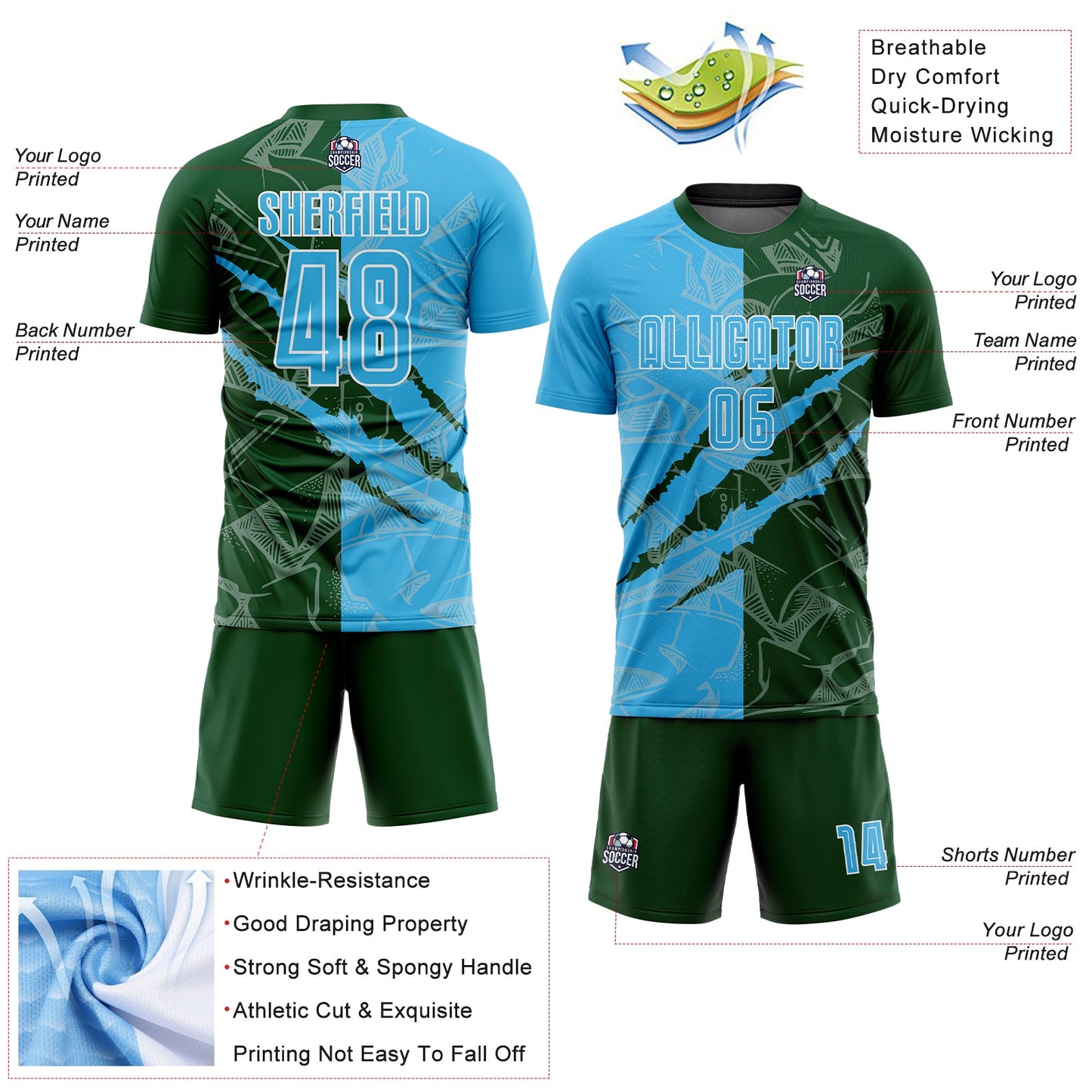 Custom Graffiti Pattern Sky Blue-Green Scratch Sublimation Soccer Uniform Jersey view 4