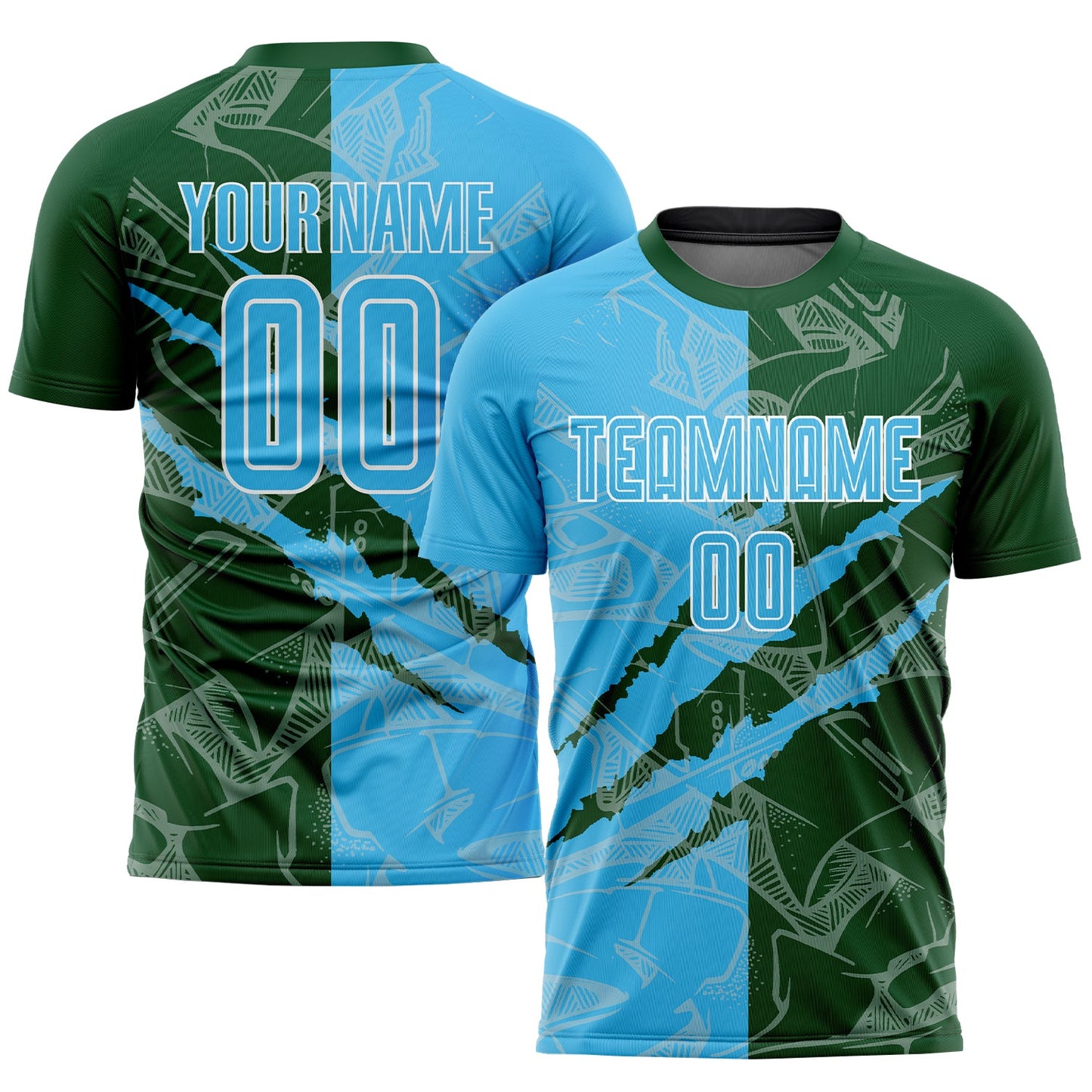 Custom Graffiti Pattern Sky Blue-Green Scratch Sublimation Soccer Uniform Jersey - Main View