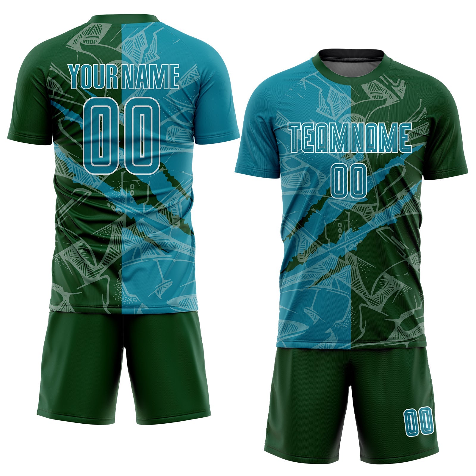 Custom Graffiti Pattern Teal-Green Scratch Sublimation Soccer Uniform Jersey view 2