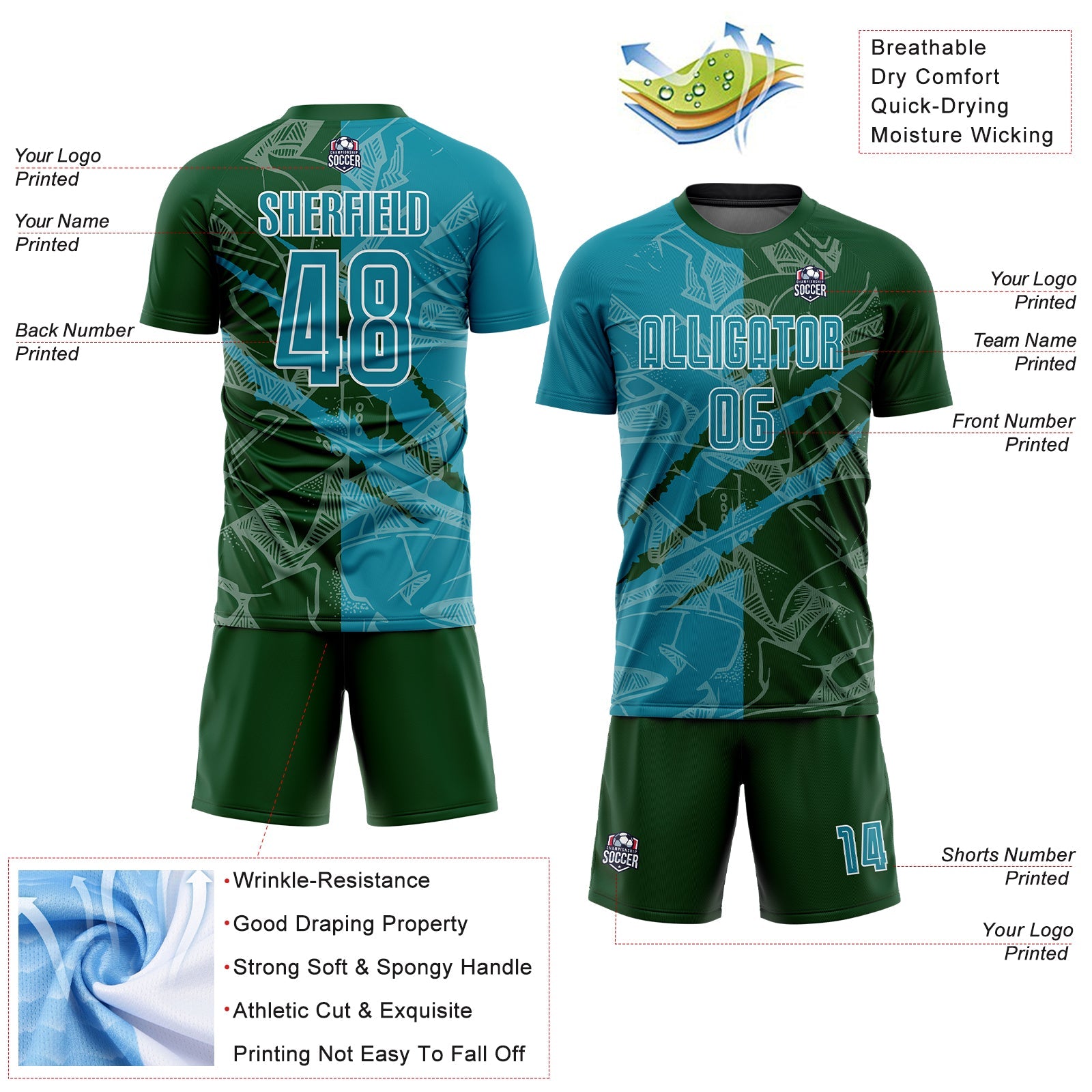 Custom Graffiti Pattern Teal-Green Scratch Sublimation Soccer Uniform Jersey view 4