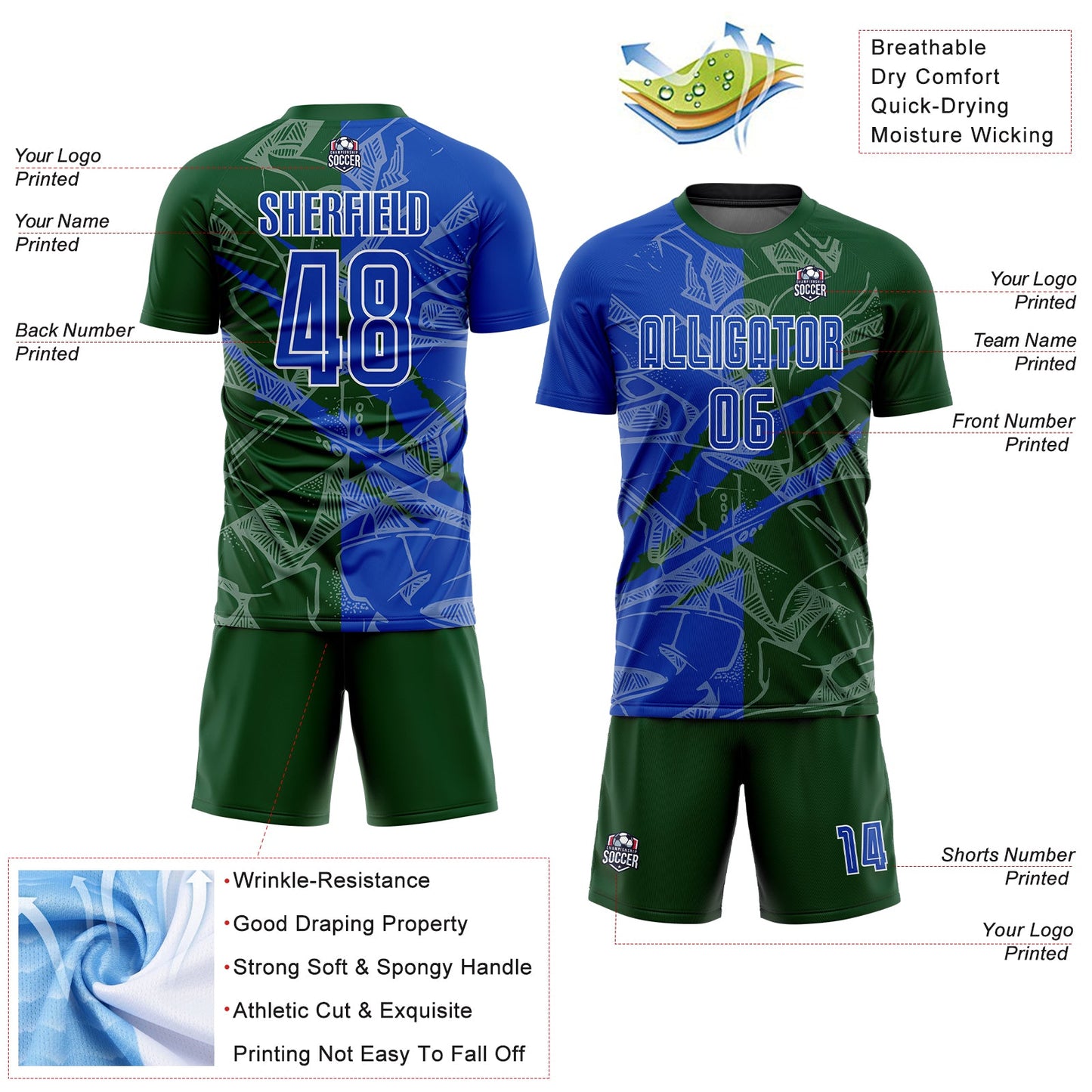Custom Graffiti Pattern Thunder Blue-Green Scratch Sublimation Soccer Uniform Jersey view 4
