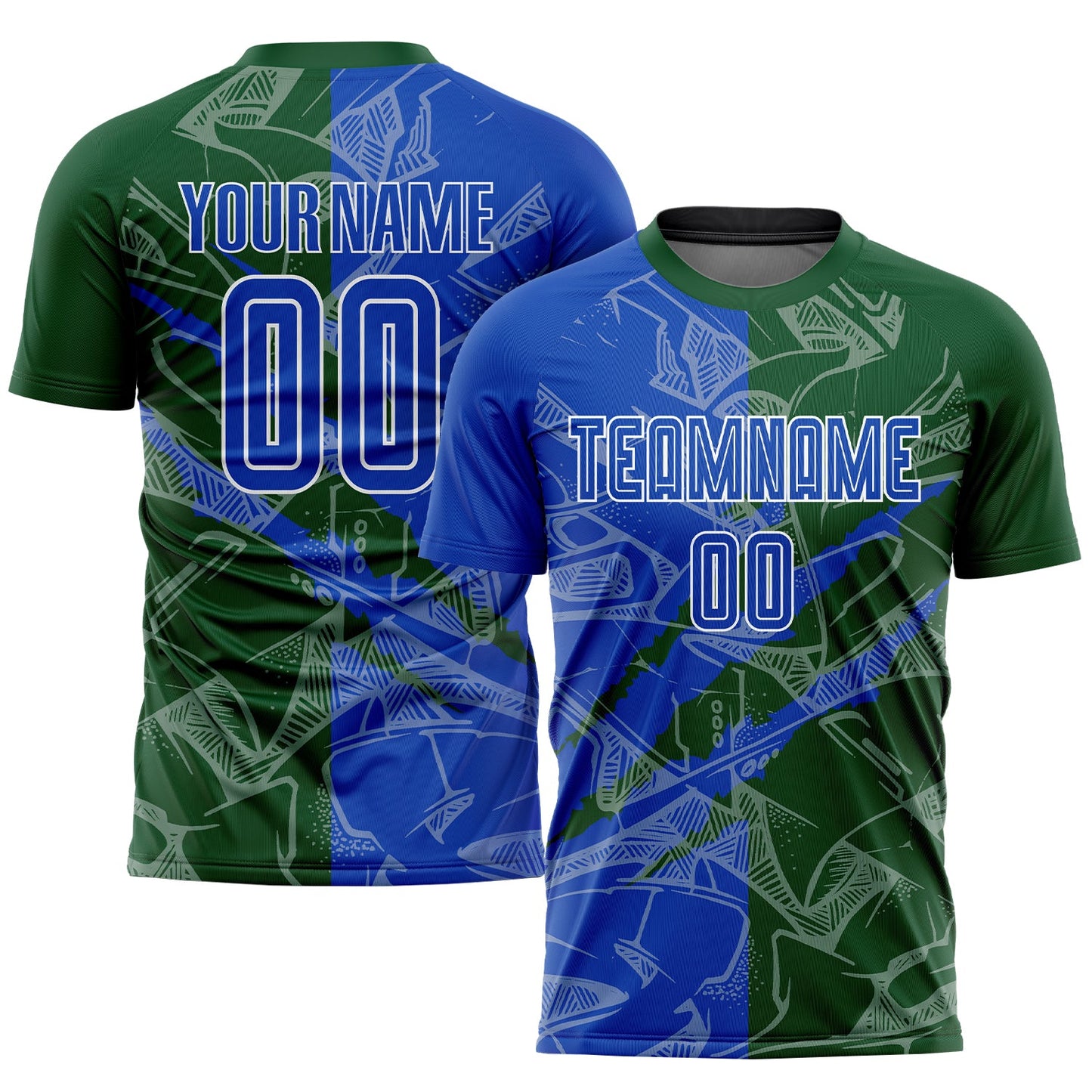 Custom Graffiti Pattern Thunder Blue-Green Scratch Sublimation Soccer Uniform Jersey - Main View