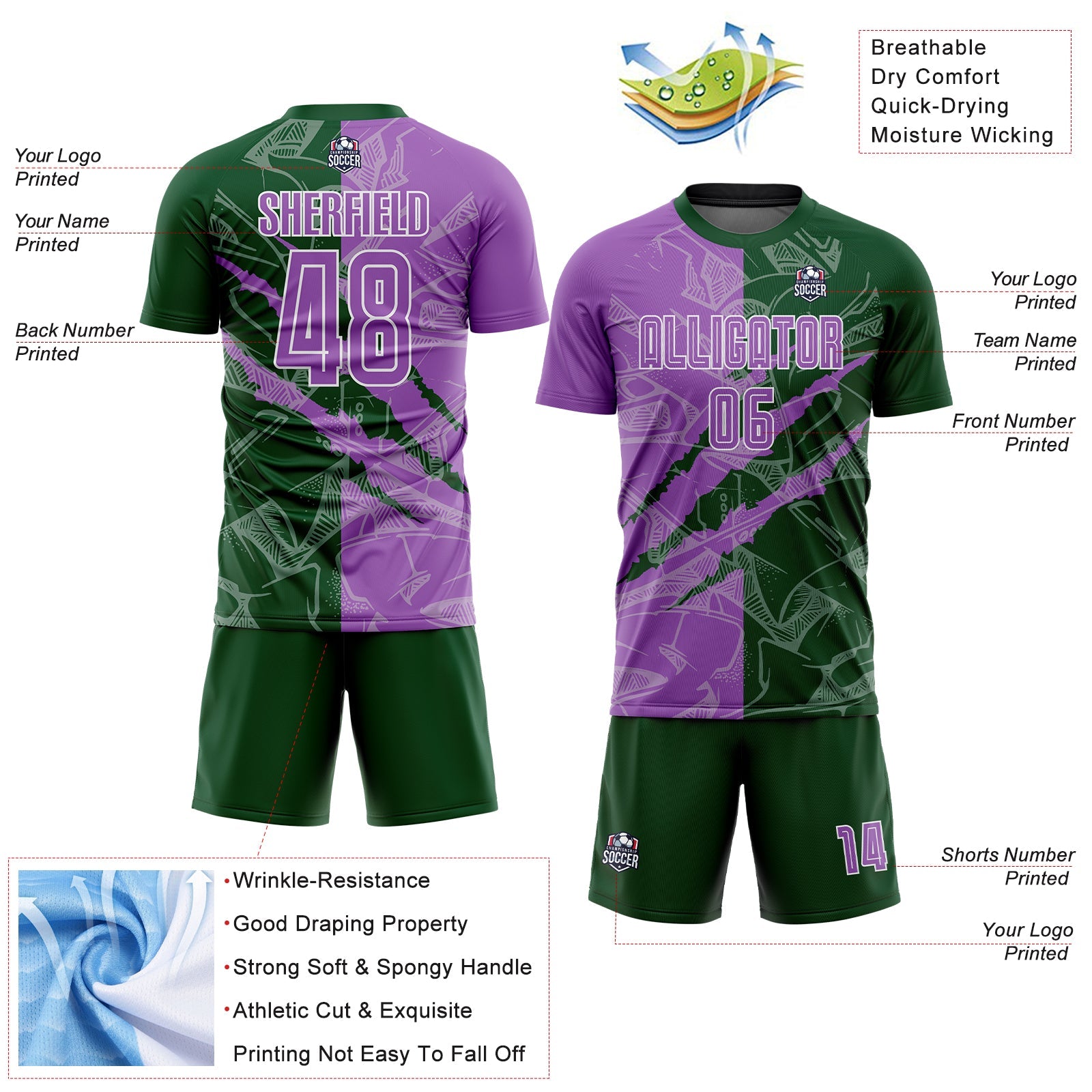 Custom Graffiti Pattern Medium Purple-Green Scratch Sublimation Soccer Uniform Jersey view 4