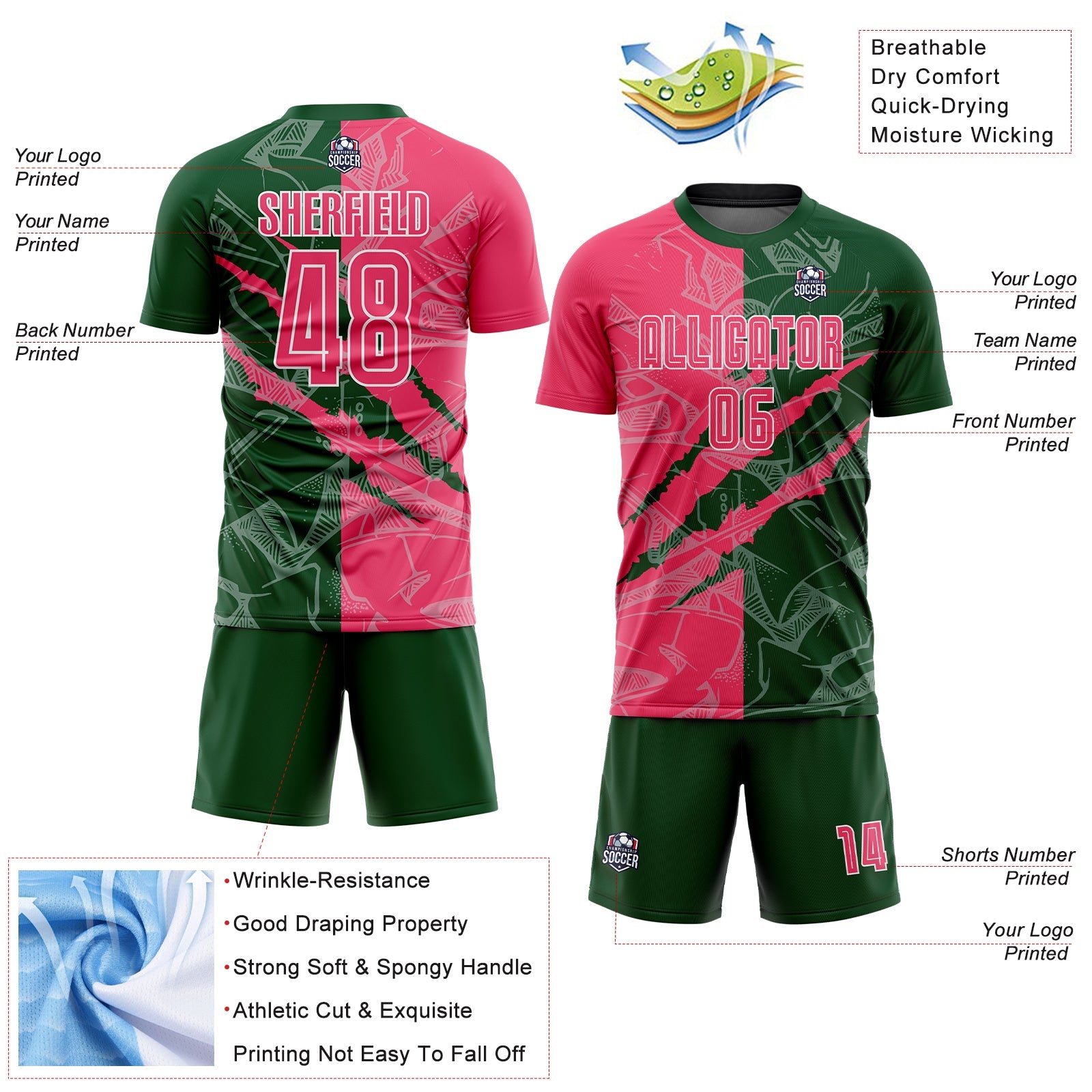 Custom Graffiti Pattern Neon Pink-Green Scratch Sublimation Soccer Uniform Jersey view 4