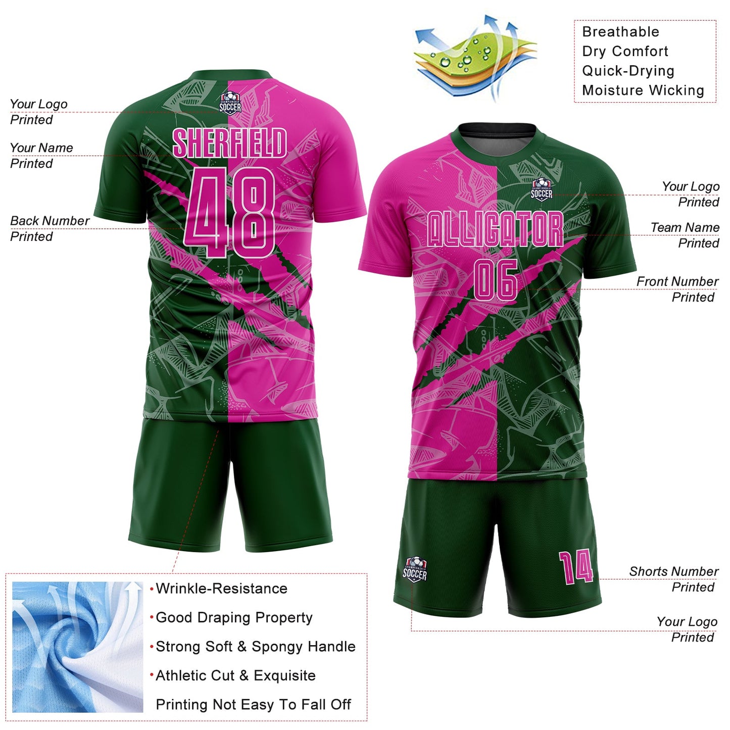 Custom Graffiti Pattern Deep Pink-Green Scratch Sublimation Soccer Uniform Jersey view 4
