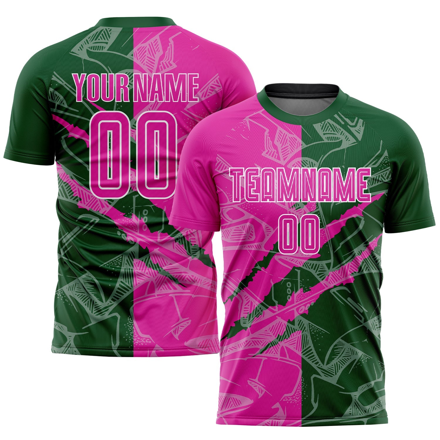 Custom Graffiti Pattern Deep Pink-Green Scratch Sublimation Soccer Uniform Jersey - Main View