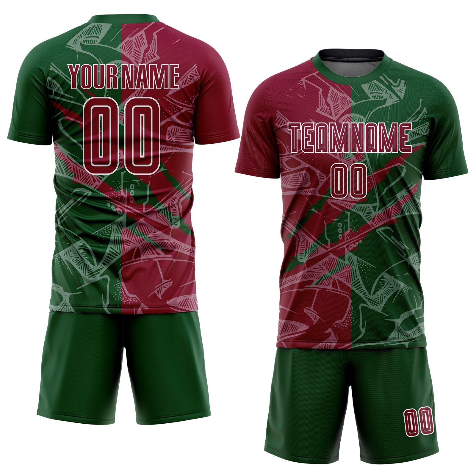 Custom Graffiti Pattern Maroon-Green Scratch Sublimation Soccer Uniform Jersey view 2