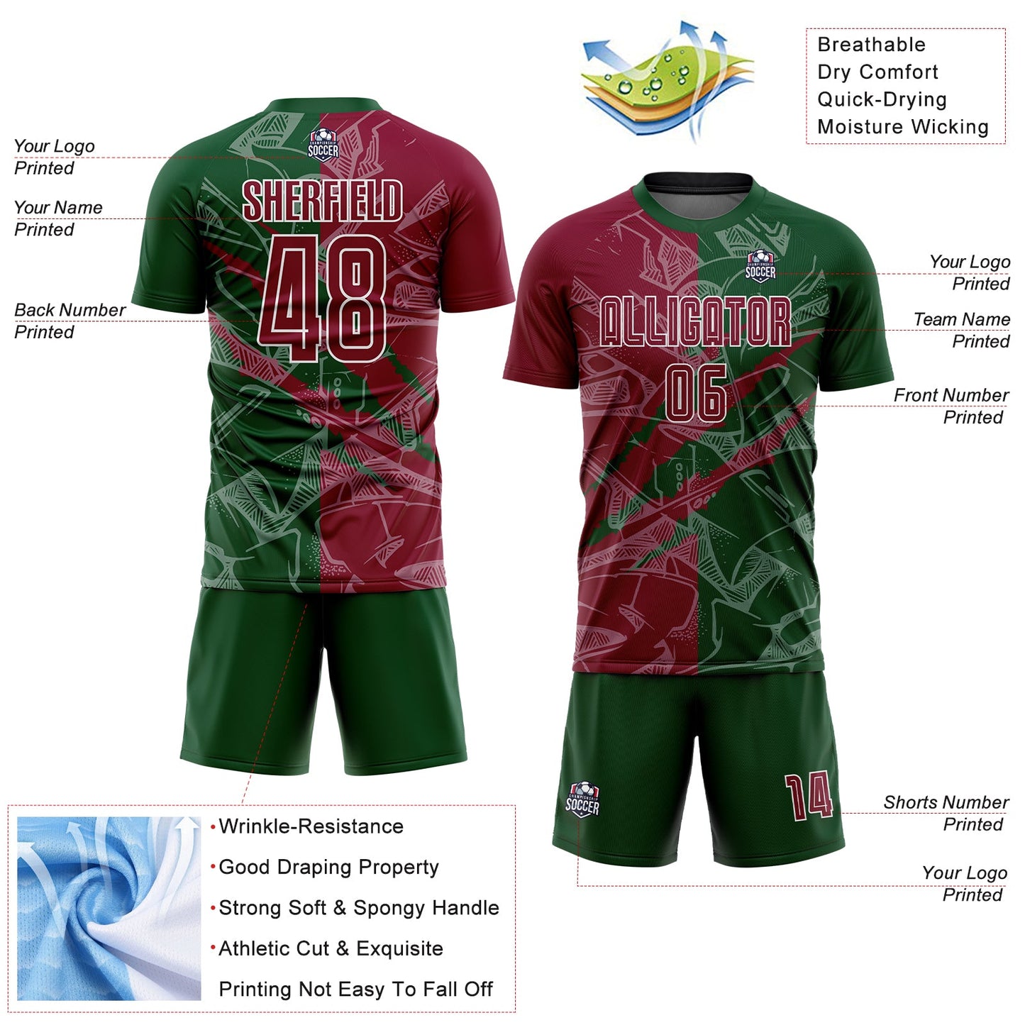 Custom Graffiti Pattern Maroon-Green Scratch Sublimation Soccer Uniform Jersey view 4