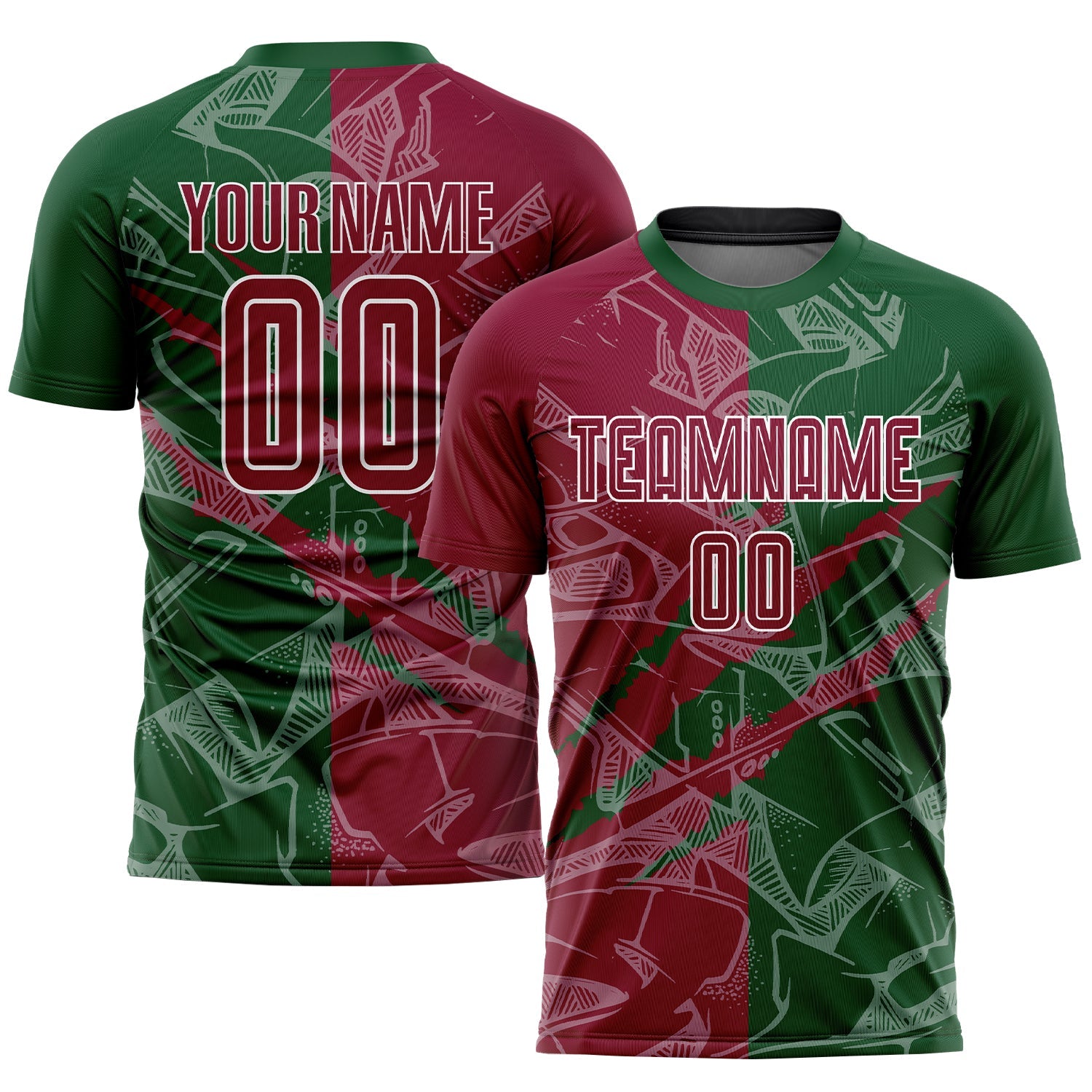 Custom Graffiti Pattern Maroon-Green Scratch Sublimation Soccer Uniform Jersey - Main View