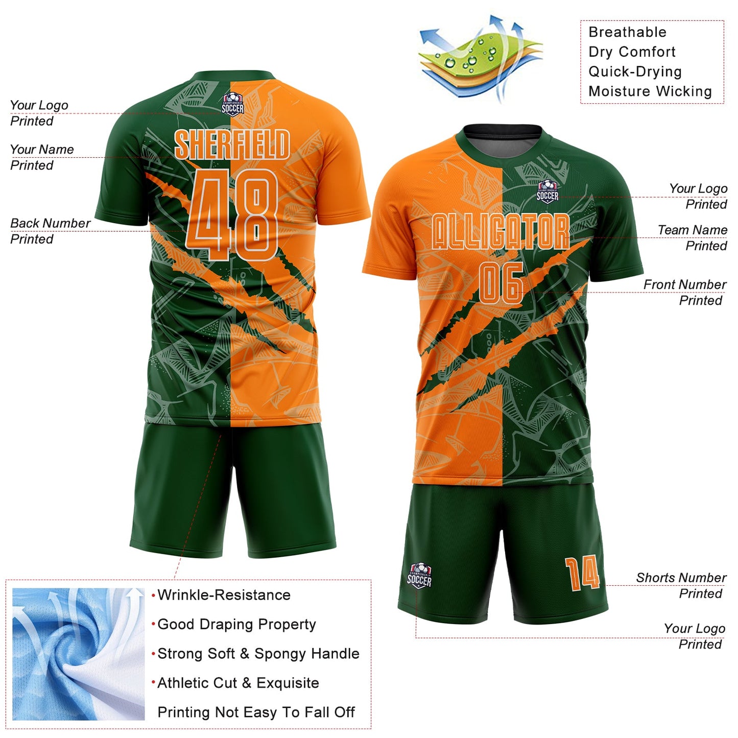 Custom Graffiti Pattern Bay Orange-Green Scratch Sublimation Soccer Uniform Jersey view 4